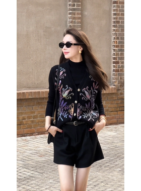 艾文文IRIS图腾马甲2025新款秋冬黑色内搭羊毛复古百搭针织女毛衣