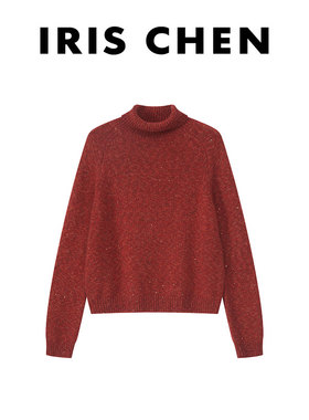 艾文文IRIS暖冬 2025新款花纱亮片女士保暖红色打底针织衫上衣冬