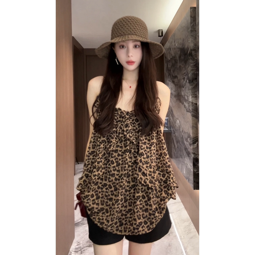 艾文文IRIS豹纹吊带夏季新款设计感显瘦抹胸露肩气质女士上衣吊带