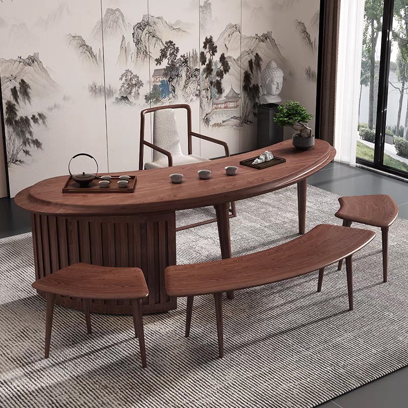 新中式北美黑g胡桃木茶桌椅组合家用实木泡茶桌现代简约弧形茶台