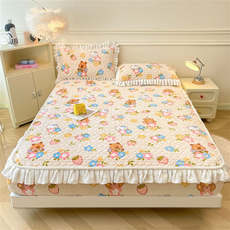 冬季牛奶b绒花边夹棉床笠床罩三件套珊瑚绒床裙床垫保护罩2025新