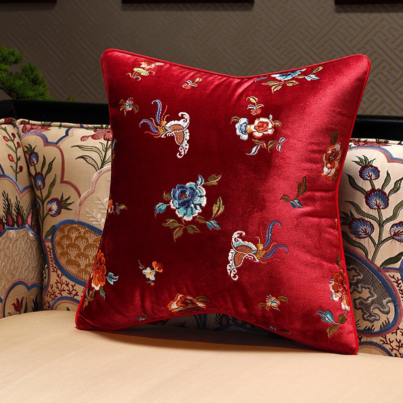 新中式绒b布刺绣客厅沙发抱枕中古风复古靠垫红木椅子床头靠背垫