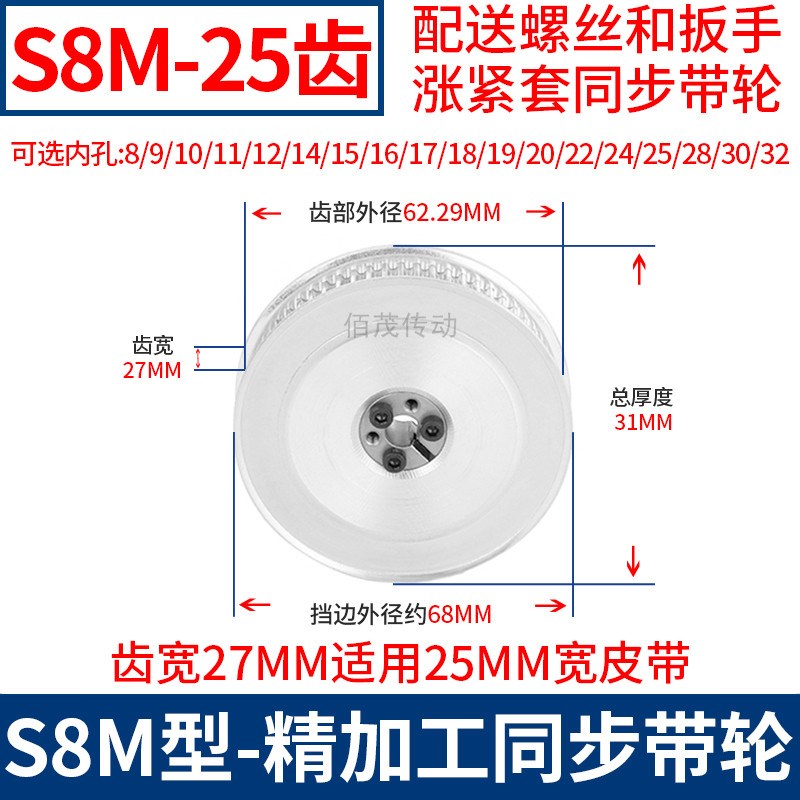S8M25齿AF齿宽27免键同步轮内孔8 10 12141516胀紧套涨套同步带轮