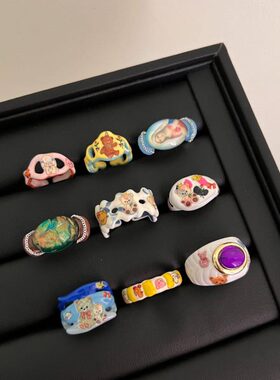 童趣戒指高级感小众设计滴油开口叠带个性拼色镶嵌情侣指环戒指