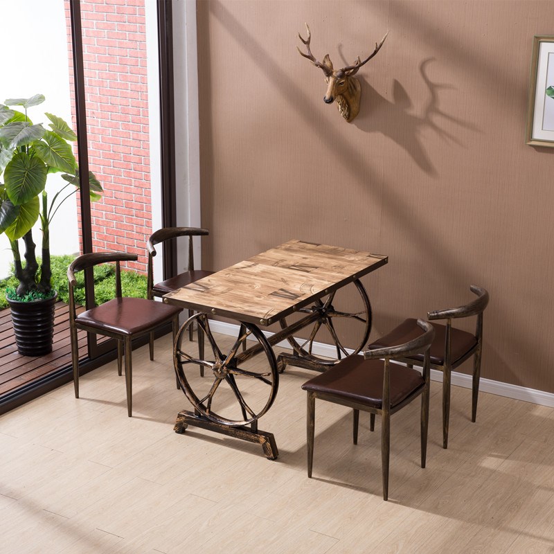仿实木铁艺牛角椅主题餐厅咖啡厅火锅店快餐桌椅组合西餐厅长方形