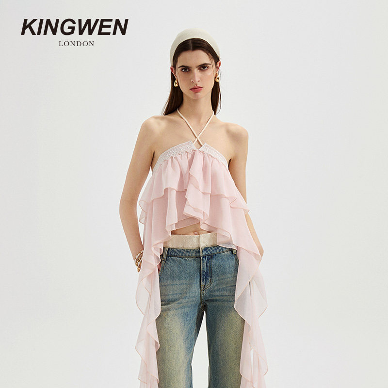 KINGWEN26ss度假风挂脖飘带上衣