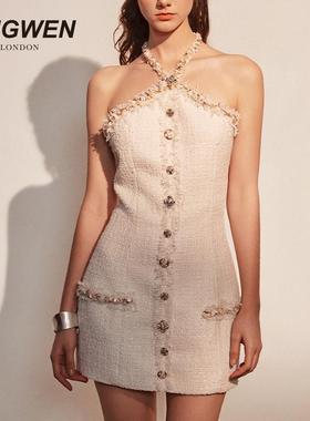 【明星同款】KINGWEN 25秋冬编织法式挂脖连衣裙女士气质无袖收腰