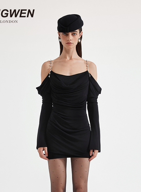 KINGWEN设计师品牌2025秋季新款连衣裙黑色金属肩带褶皱连身中裙