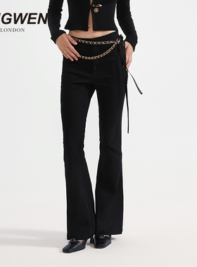 【张予曦同款】KINGWEN25冬季腰链牛仔裤女高腰设计修身微喇长裤