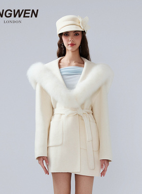 KINGWEN2025冬季白色狐狸毛领毛呢外套女士短款系带双面羊毛大衣