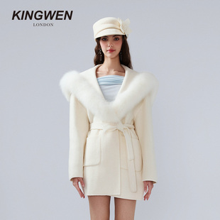 【徐如蓝同款】KINGWEN白色狐狸毛领毛呢外套女短款系带羊毛大衣