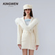 KINGWEN白色狐狸毛领毛呢外套女短款 徐如蓝同款 系带羊毛大衣