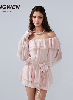 KINGWEN2026春季新款一字肩上衣女粉色细闪鸢尾长袖高级感蕾丝衫