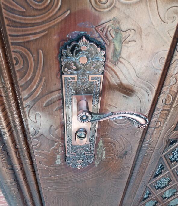 防盗门锁红古铜色大门锁面板把手铝合金双开门把手面板青古铜拉手