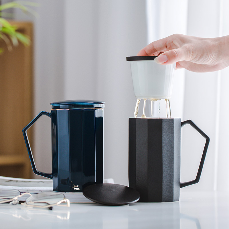 几何陶瓷泡茶杯带盖过滤办公杯创意家用大容量马克杯茶水分离杯子
