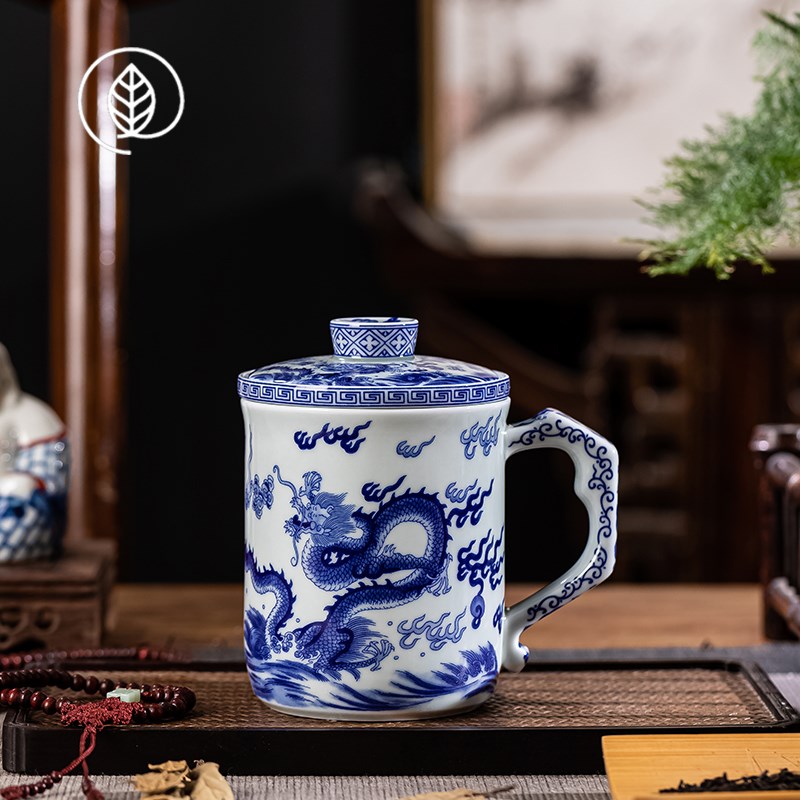 景德镇青花龙纹陶瓷泡茶茶杯茶水分离办公过滤带盖瓷杯子家用单杯