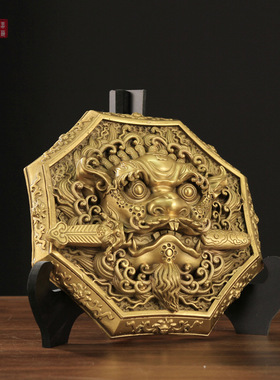 狮咬剑全黄铜牌八卦镜大门窗口风水狮子虎头牌吞口兽瑞兽挂件