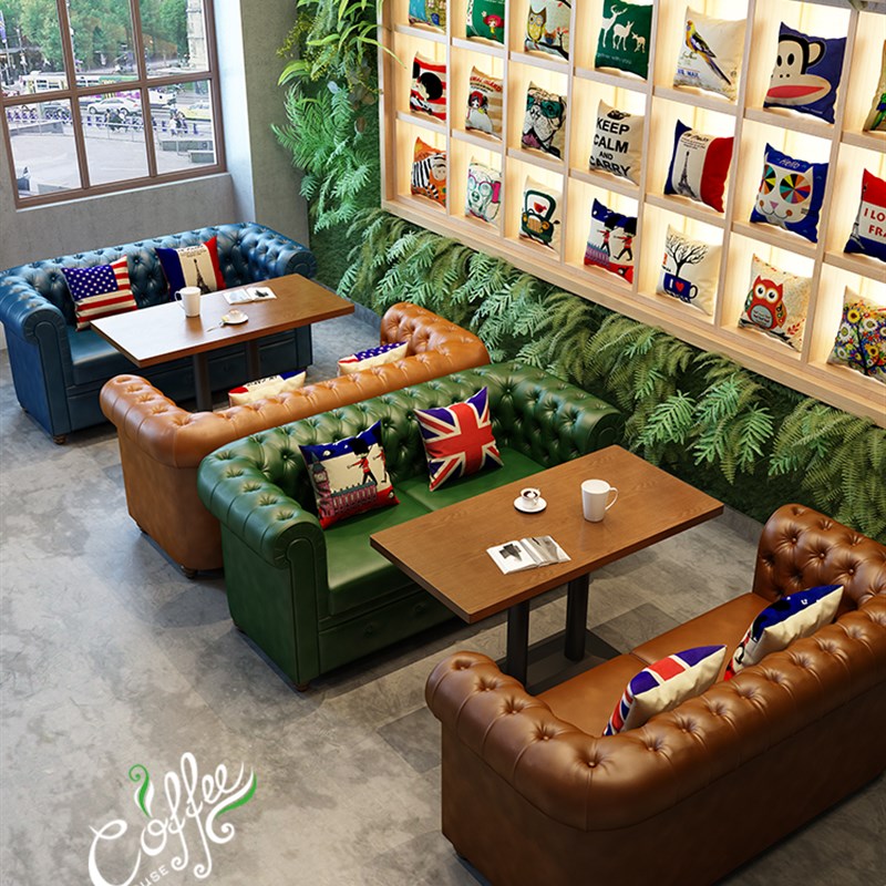 美式复古咖啡厅西餐厅双人沙发卡座酒吧奶茶店甜品店沙发桌椅组合