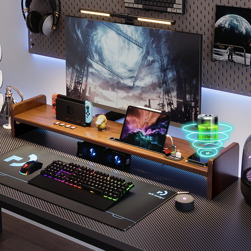 电脑显示器增高架带usb多功能实木底座支架台式电竞桌置物架充电