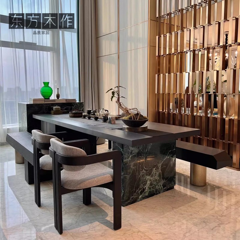 新中式实木茶桌 意式o轻奢岩板岛台茶台 办公家用高端定制餐桌客