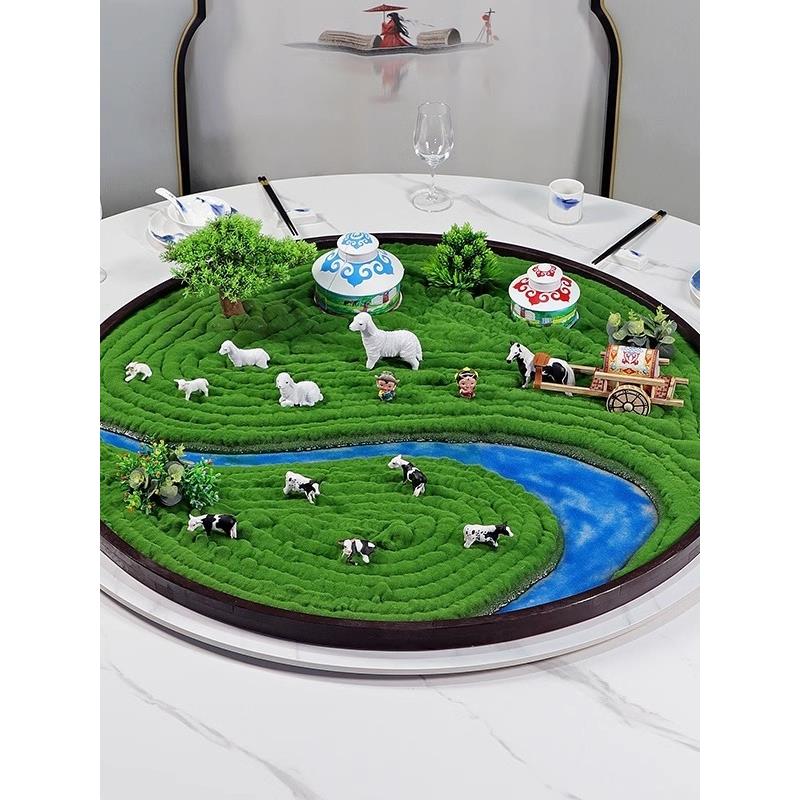 中式酒店餐桌摆件创意草原微景观圆桌餐厅装饰圆桌河流造景摆设
