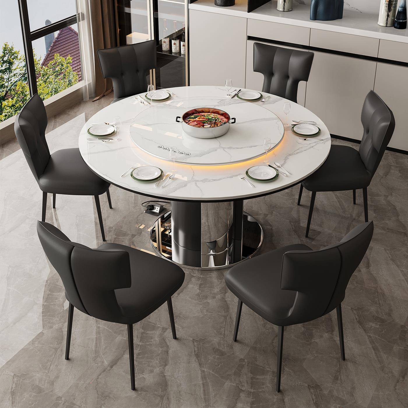 AI智能语音控制暖菜电动转盘圆形岩板餐桌现代家用商用电磁炉饭桌