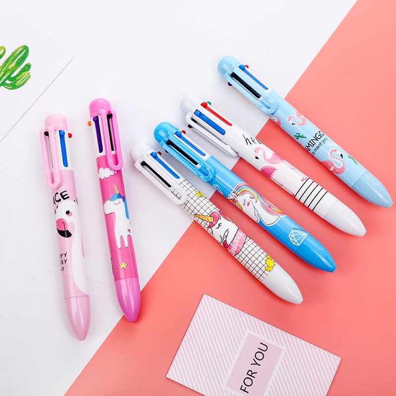 10色彩色圆珠笔多色按动多色合一油笔按压式6色圆珠笔女可爱萌黑