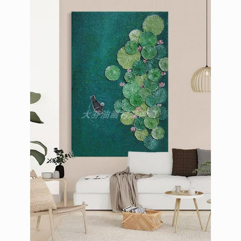 顺丰】客厅好运莲莲手绘油画玄关绿色荷花叶肌理装饰壁画立体石英图片