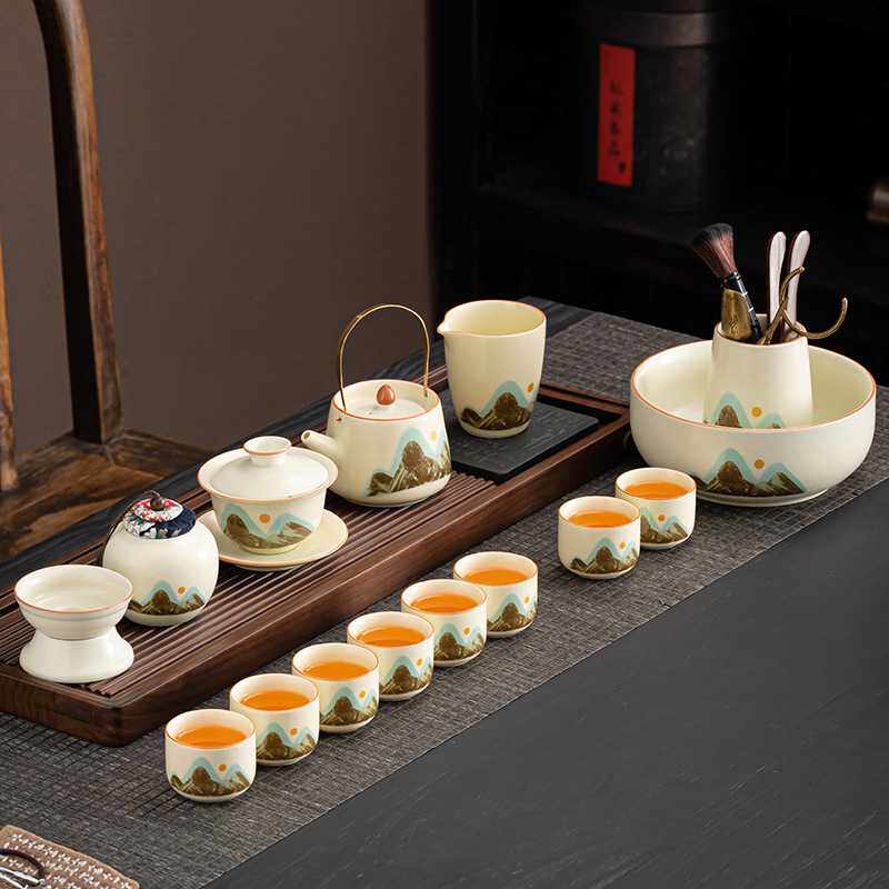 汝窑青山中式功夫茶具套装陶瓷家用会客泡茶茶杯logo过节公司送礼