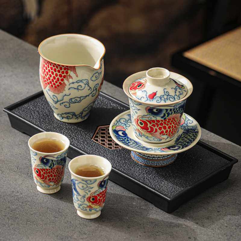 龙鱼马蹄三才盖碗茶杯套装个人专用不烫手泡茶碗高档茶具三件套