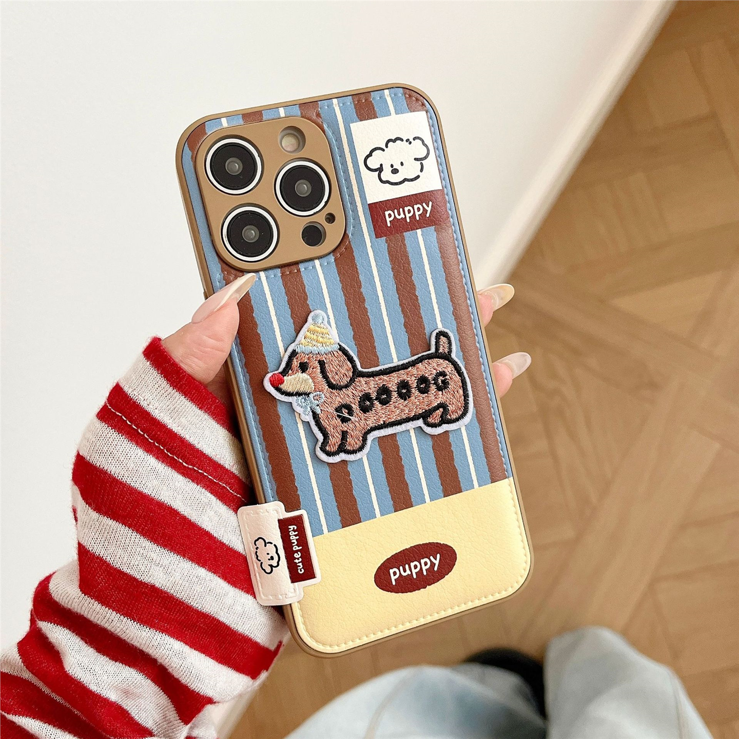 ins韩风皮质条纹小狗苹果手机壳
