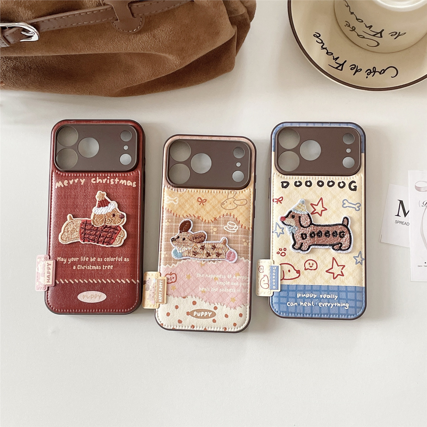 ins韩风皮纹刺绣小狗苹果1