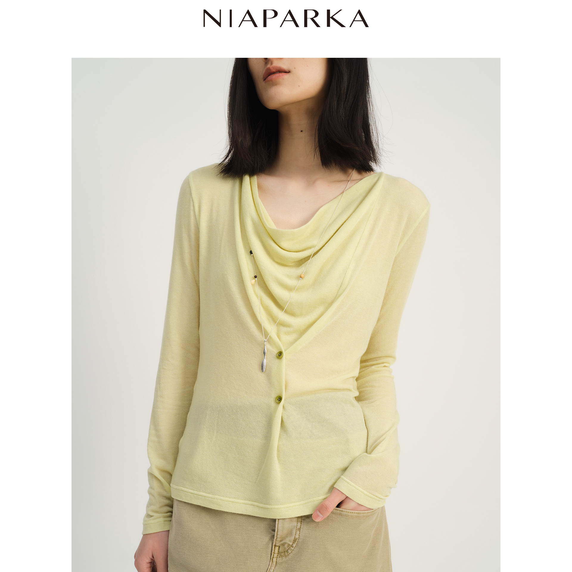 niaparka 26秋冬垂荡领针织上衣前中立体褶皱微收腰显瘦打底衫