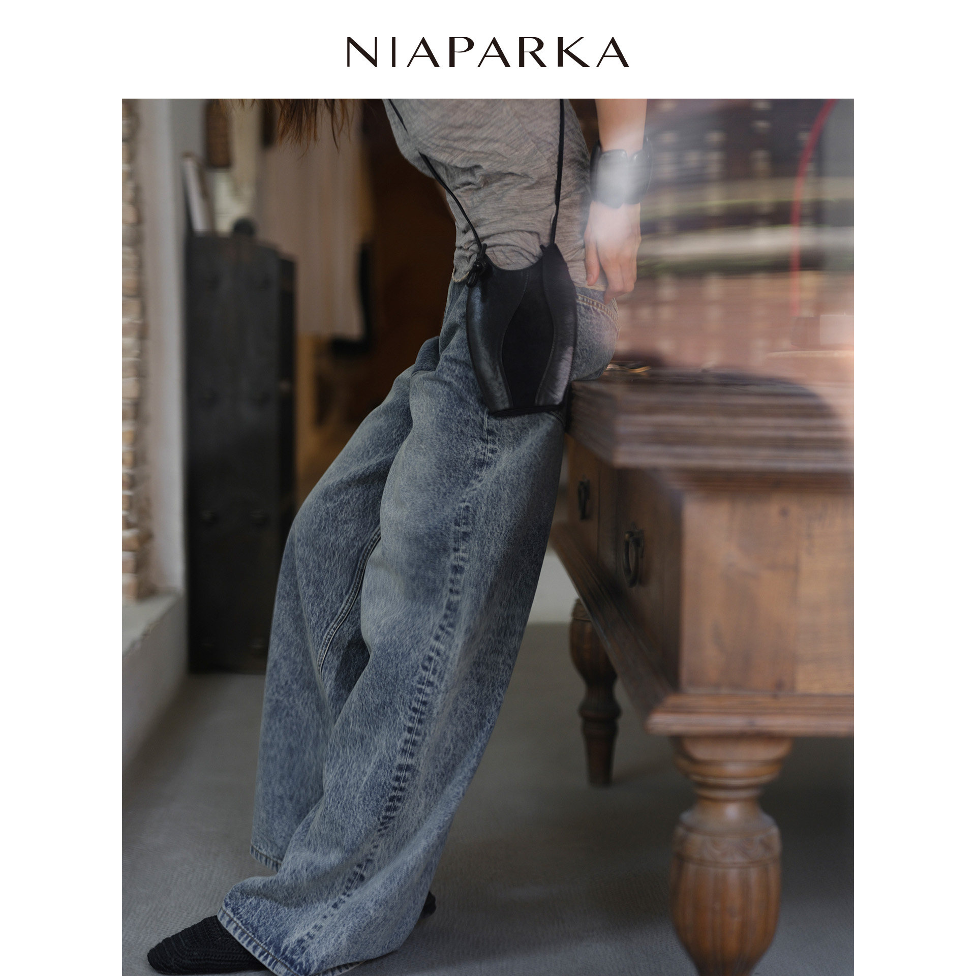 niaparka2026秋冬复古做旧水洗蓝牛仔裤高腰阔腿遮胯显瘦百搭松弛