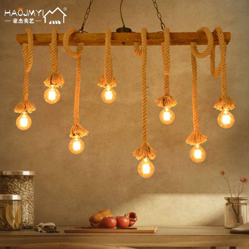 设计师loft木艺麻绳餐厅咖啡馆酒创意吧台服装店装饰复古工业吊灯