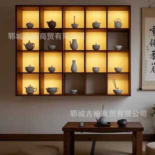 老榆木博古架复古茶杯架侘寂风多宝阁收纳柜挂墙瓷器摆件展示架