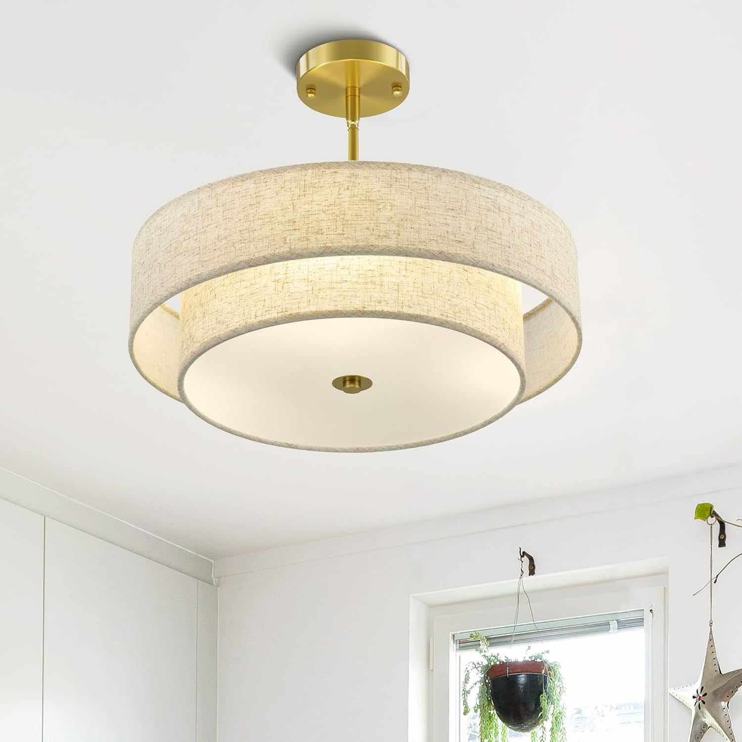 布罩吊灯18英寸45cm双层搭配连接杆铜本色扩散板三灯头美规布罩灯