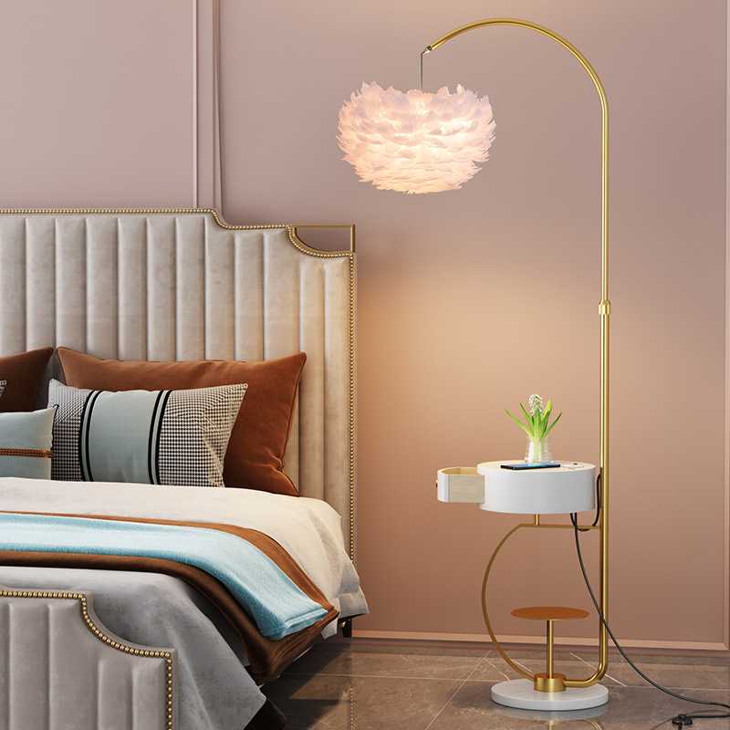 北欧网红羽毛落地灯客厅沙发旁边抽屉茶几卧室床头柜一体立式台灯