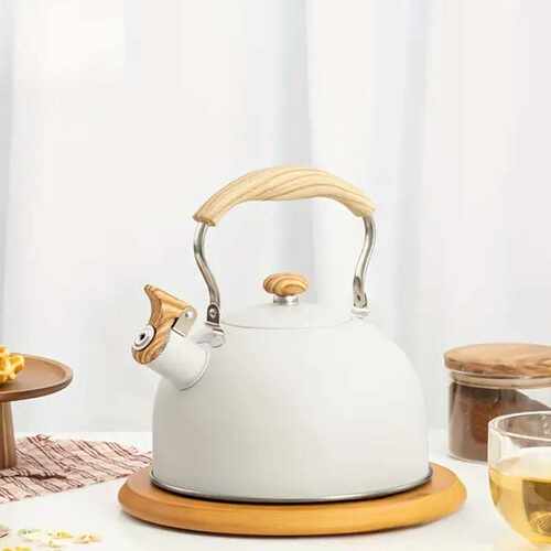 鸣笛烧水壶米白色2.5L平底鸣音壶欧式不锈钢口哨壶 Tea Kettl