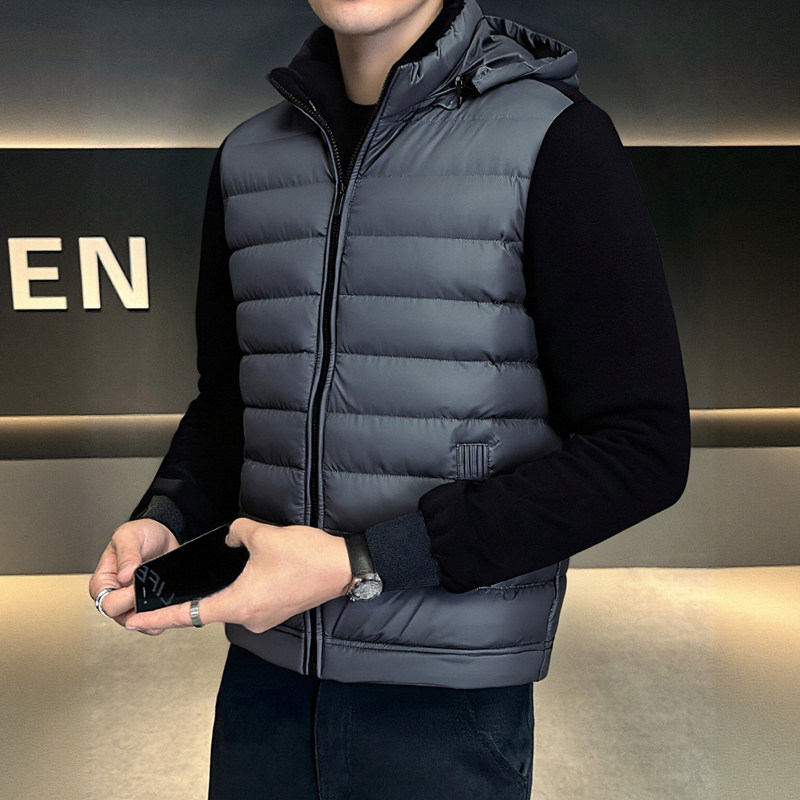 2025新款男士连帽拼接撞色棉服轻薄保暖青年上衣纯色简约休闲外套