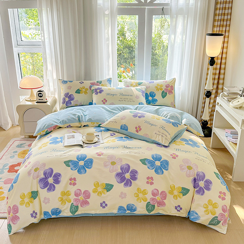 2026a类全棉纯棉四件套床单床笠被套枕套小清新花朵蓝色四季通用