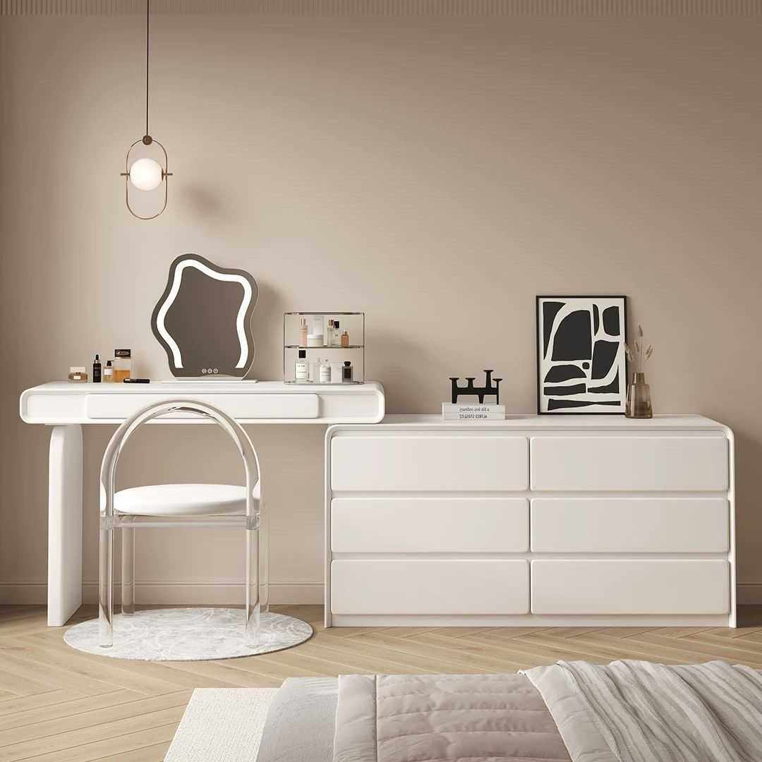 奶油风法式白色梳妆台收纳一体斗柜现代简约卧室实木可伸缩化妆桌