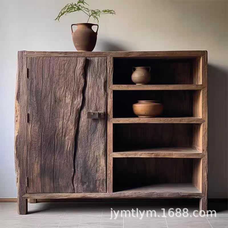 侘寂风复古老榆木餐边柜民宿实木茶水柜北欧简约家用收纳置物柜