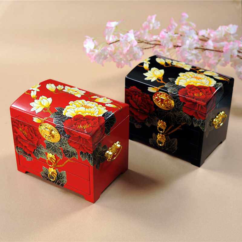 推光漆器彩绘木质礼品盒 富贵牡丹双抽屉首饰箱 贴金堆漆工艺礼盒 - 实物图