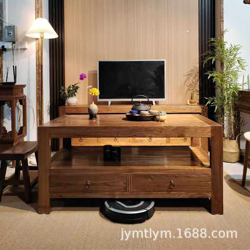 新款茶几新中式家用老榆木客厅茶几电视柜组合现代风仇提茶桌实木,3C数码配件,摄像机配件,淘宝优惠券,粉丝福利购,淘宝优惠卷