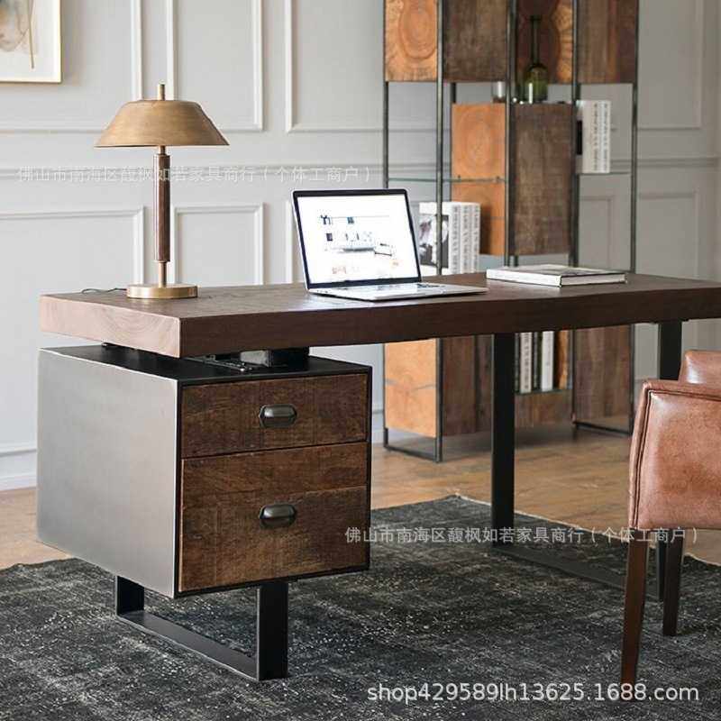美式复古实木电脑台式桌简约单人办公电脑桌书桌写字台抽屉老板桌