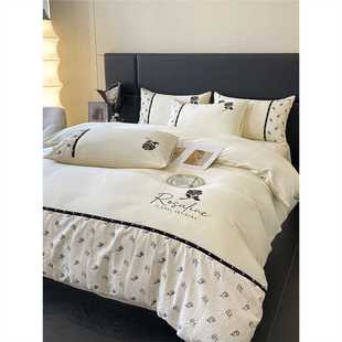 轻奢风200支兰精天丝棉四件套玫瑰刺绣拼接被套裸睡丝滑床上用品