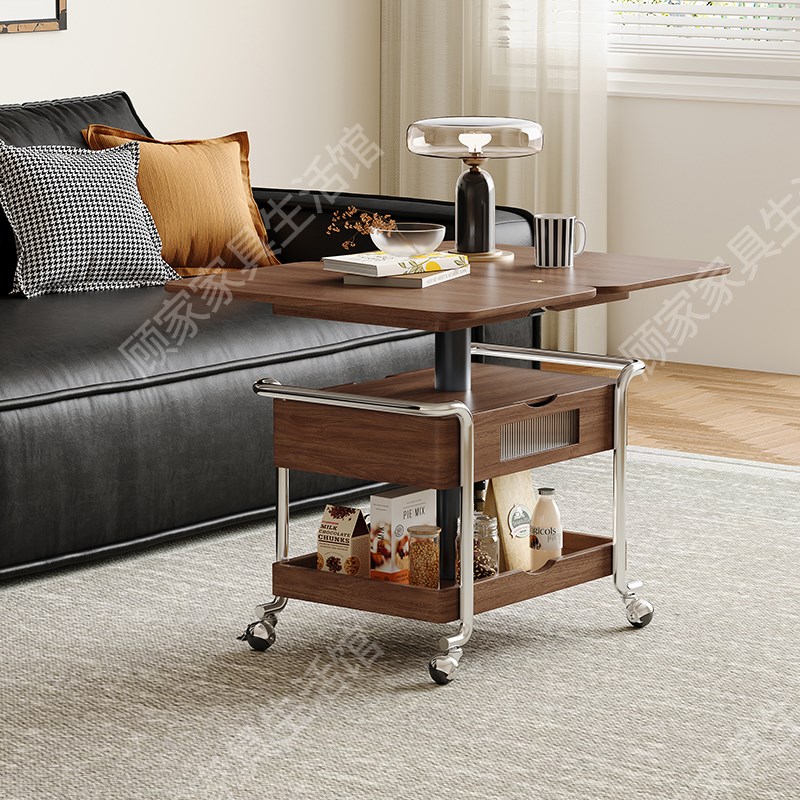 全实木中古风小推车客厅两用可移动折叠可M移动小推桌升降茶几边