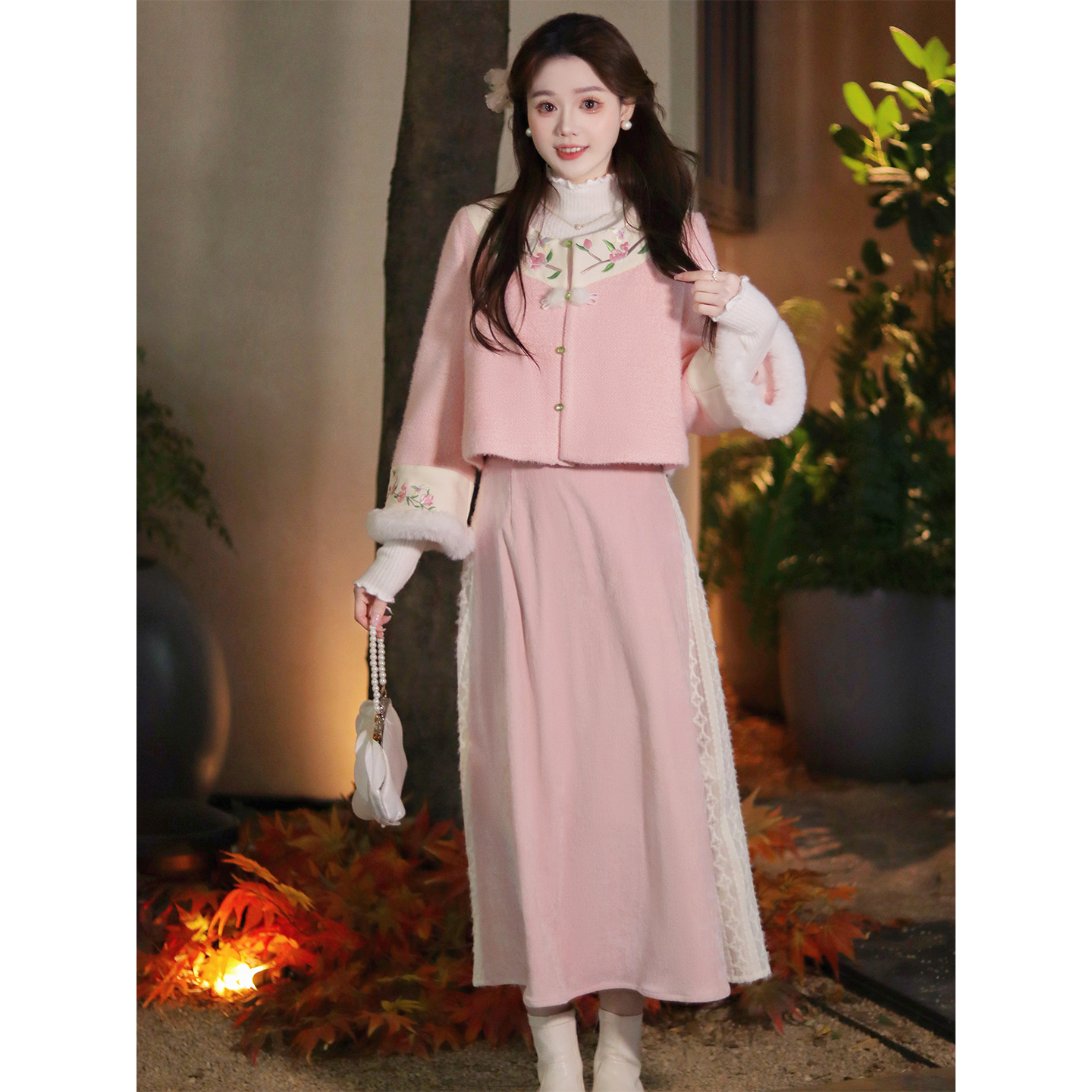 瑶西【12.8新品立减+9.5折】粉色刺绣外套蕾丝拼接半裙三件套