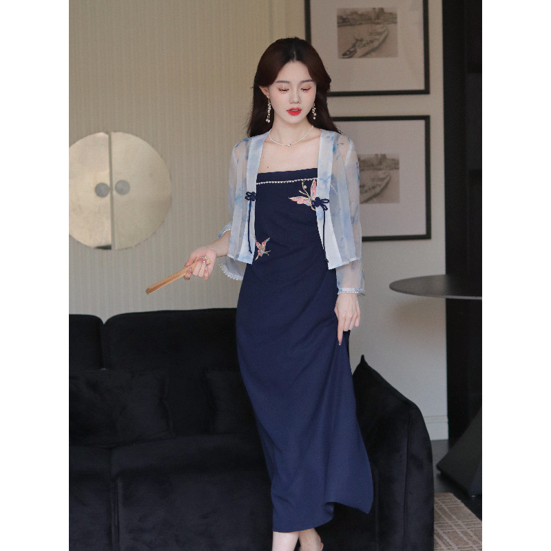 瑶西【蝶影】套装女夏蝴蝶刺绣藏青抹胸长裙显瘦出游新中式